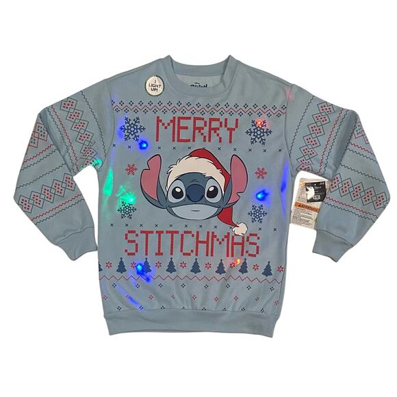 New Disney’s Stitch Christmas Light-Up Adult Sweatshirt Size Small Blue - Picture 1 of 10